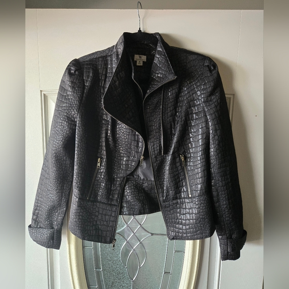 Worthington Croc Embossed Moto Jacket Medium Black Faux Leather Biker Chic - Picture 3 of 10